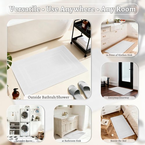 Mrs Awesome Soft 100% Cotton Bath Mat with Hot-melt Non-Slip Backing, 20" x 32" Comfortable & Absorbent Washable Textured Woven Rug for Bathroom, White