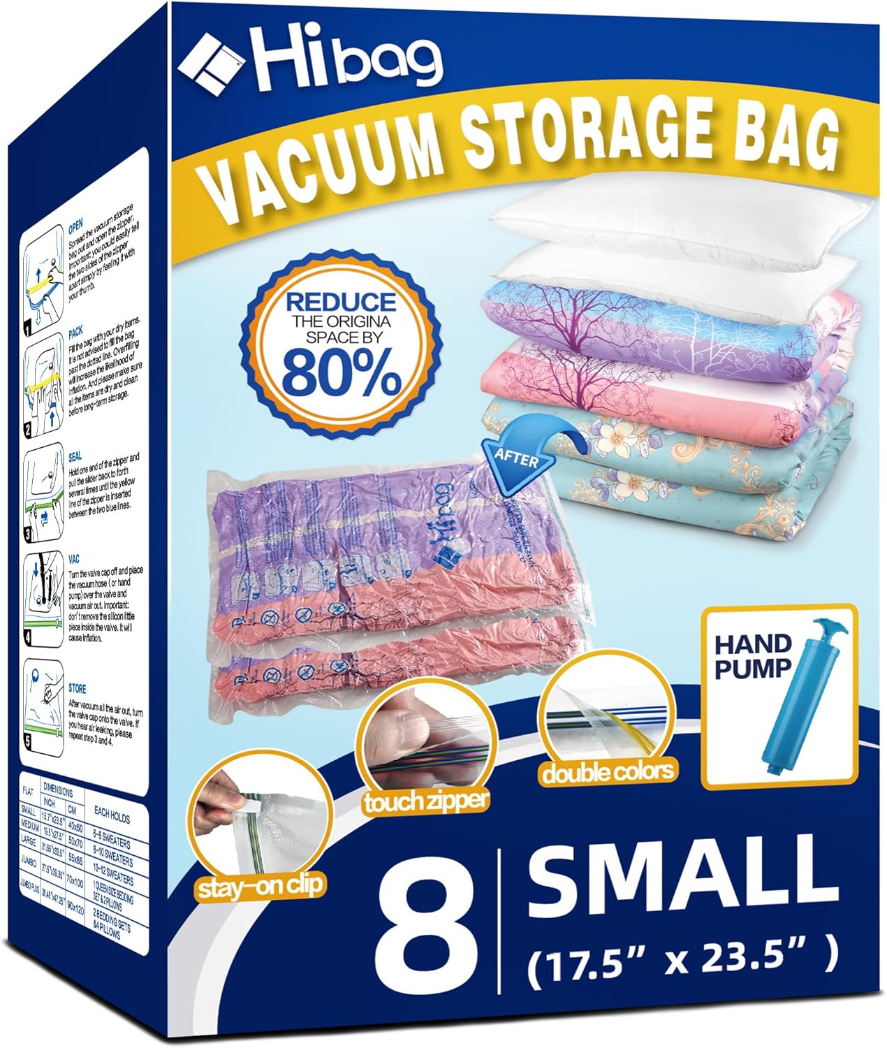 Skiennix Vacuum Storage Bags - 8 Small Space Saver Bags for Clothes with Hand-Pump - Clear