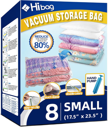 Skiennix Vacuum Storage Bags - 8 Small Space Saver Bags for Clothes with Hand-Pump - Clear
