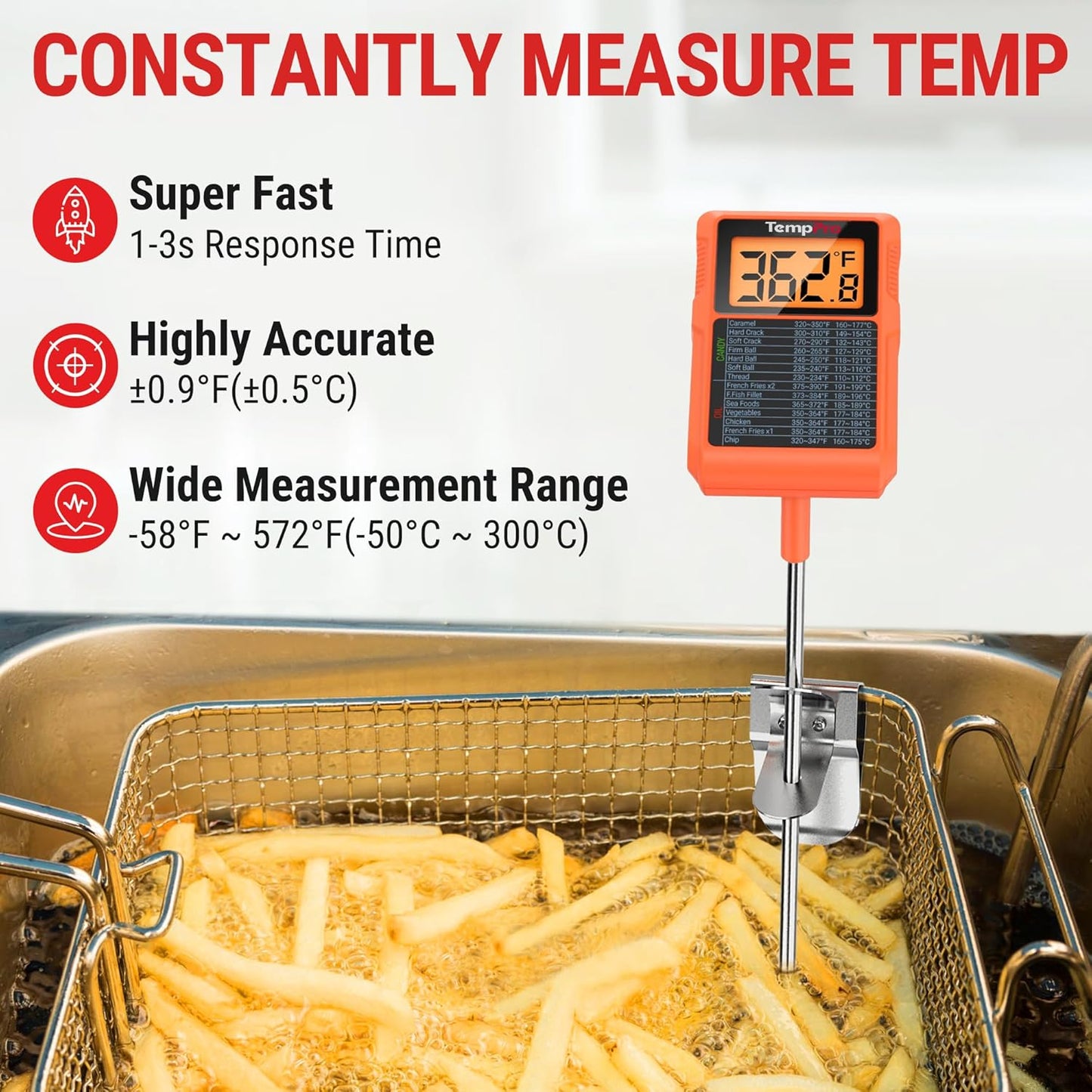 TempPro Waterproof Digital Candy Thermometer - Instant Read 10" Long Probe for Cooking, Grilling & BBQ