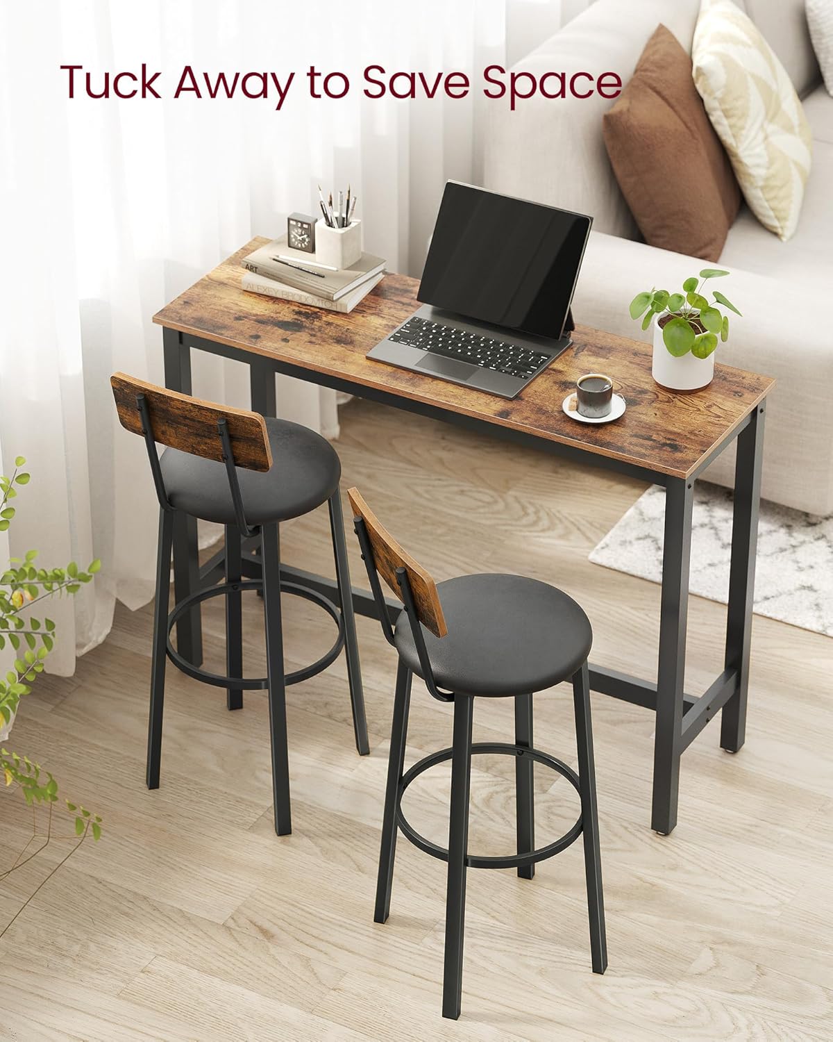 VASAGLE Bar Stools - Set of 2 PU Upholstered Breakfast Stools with Back & Footrest | Rustic Brown & Black, 29.7 Inches