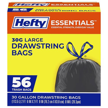 Hefty Essentials 30 Gallon Trash Bags - 56 Count Bulk Black Garbage Bags for Large Items | Scent Free
