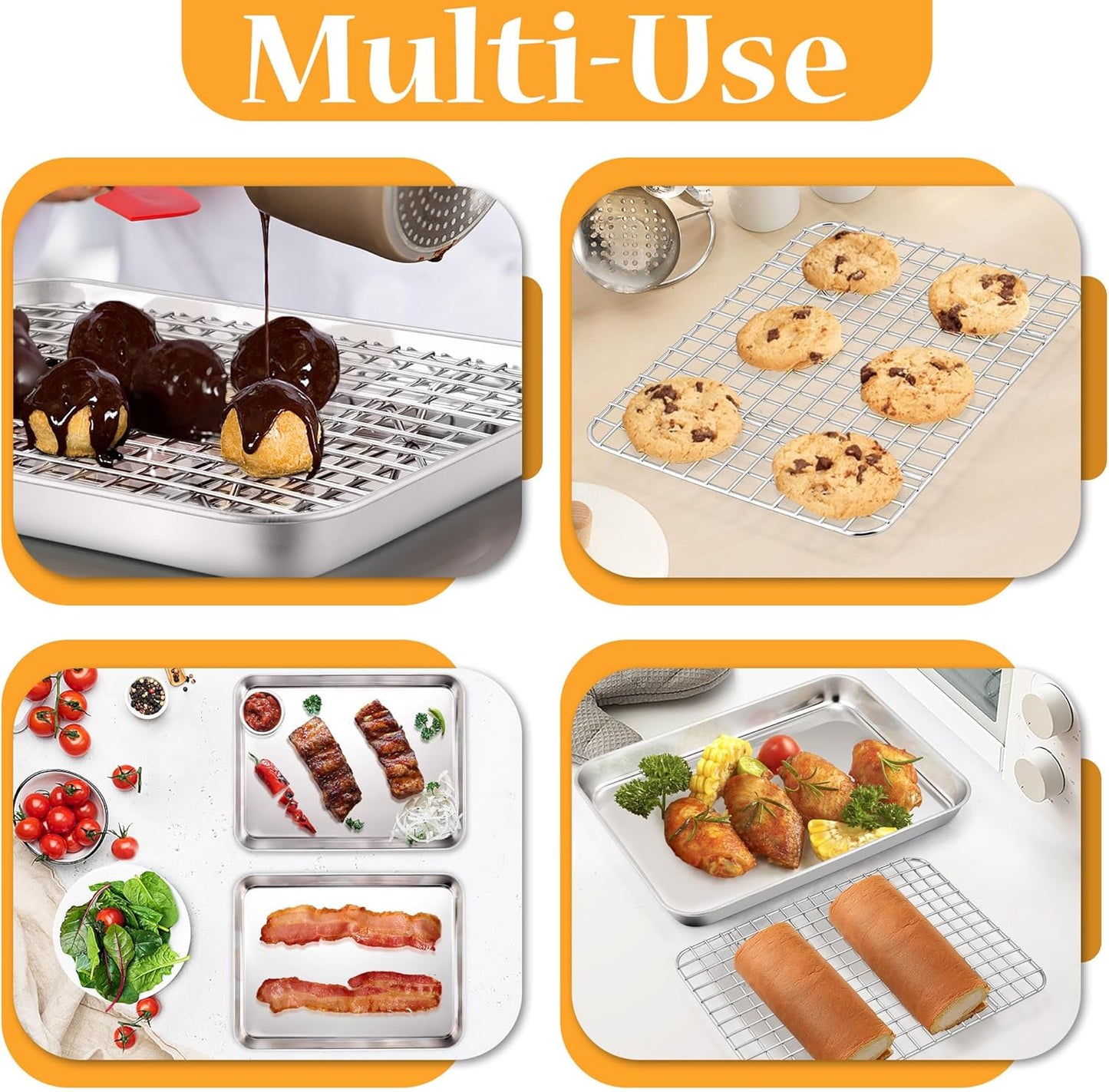 TeamFar Stainless Steel Toaster Oven Pan Set - 9 x 7 Inch Mini Baking Tray with Rack | Non-Toxic & Dishwasher Safe (2 Pans + 2 Racks)