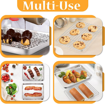 TeamFar Stainless Steel Toaster Oven Pan Set - 9 x 7 Inch Mini Baking Tray with Rack | Non-Toxic & Dishwasher Safe (2 Pans + 2 Racks)