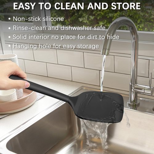 Coukre Silicone Spatula Set - High Heat Resistant, BPA Free | Solid & Slotted Turner, 2 Pack in Pure Black