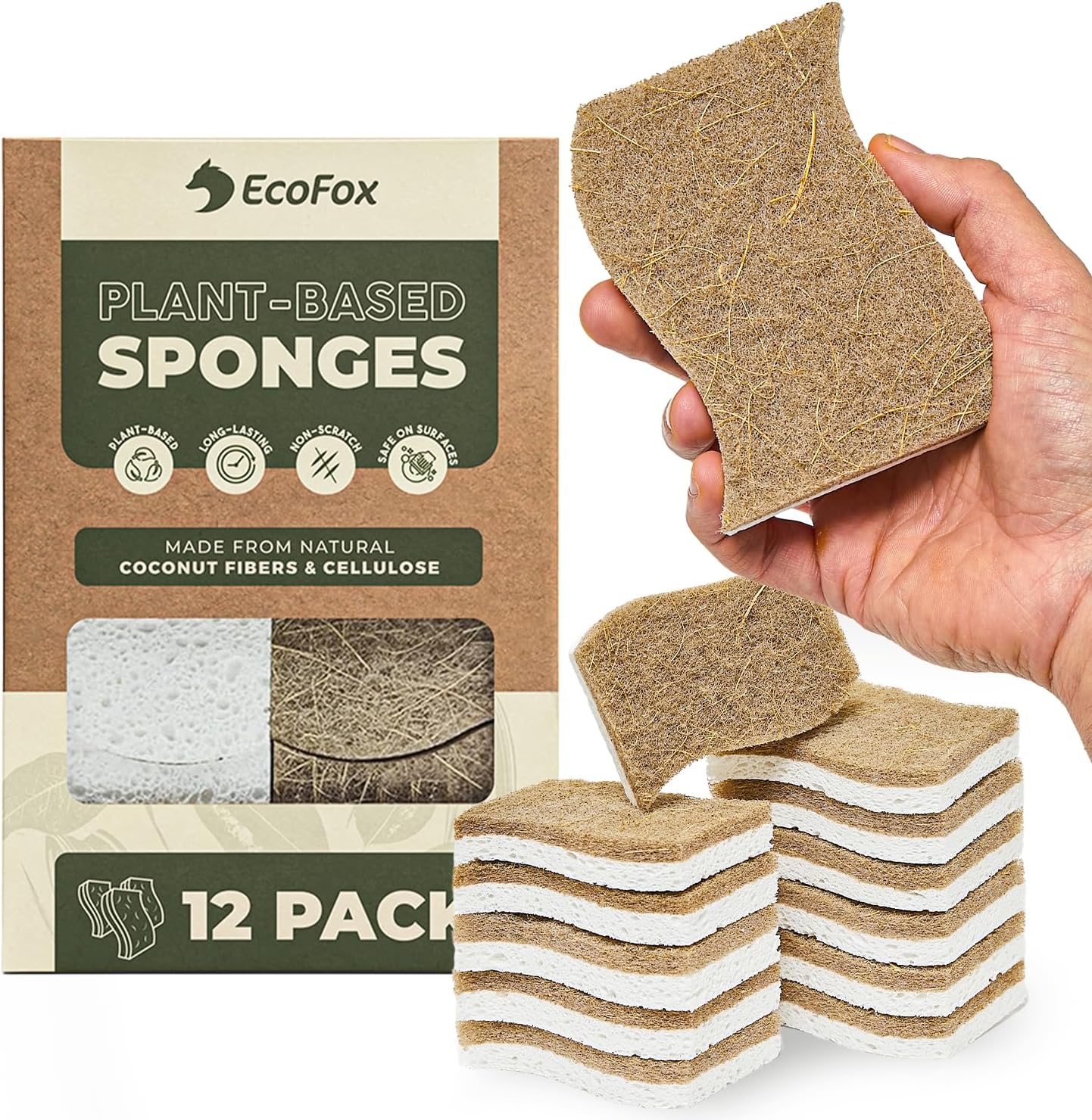 Plant-Based Kitchen Sponges - Eco-Friendly Natural Cellulose & Coconut Scrubber | 12 Pack | USDA Biobased Certified