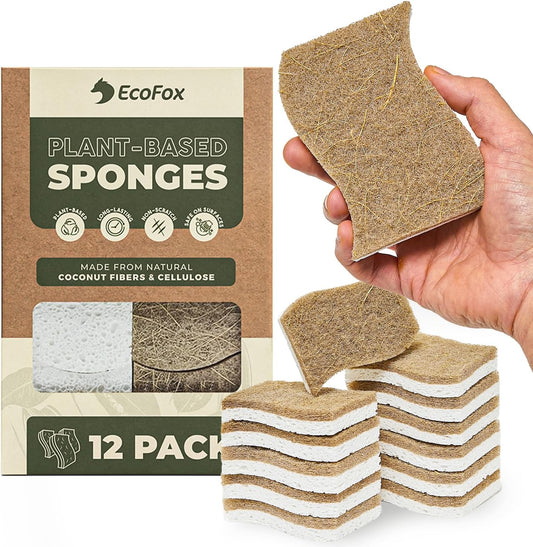 Plant-Based Kitchen Sponges - Eco-Friendly Natural Cellulose & Coconut Scrubber | 12 Pack | USDA Biobased Certified