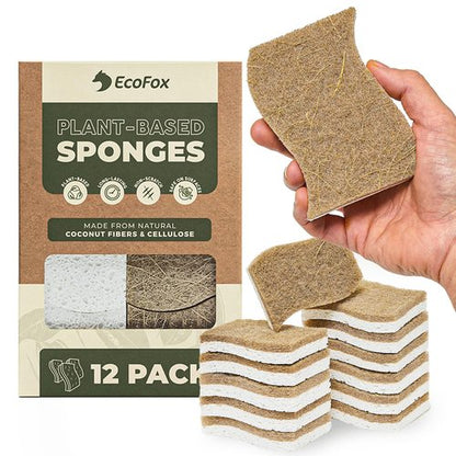 Plant-Based Kitchen Sponges (12 Pack) | USDA Biobased Certified | FSC & PETA Approved | Natural Cellulose & Coconut Scrubber Sponge | S-Shaped Design | Eco-Friendly, Non-Scratch, Non-Toxic & Vegan