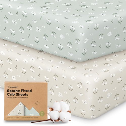 KeaBabies Organic Crib Sheets - 2-Pack Fitted Jersey Cotton for Baby Bed | Soft, Breathable, Neutral Daisies 52x28