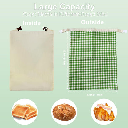 Large Beeswax Bread Bags for Sourdough, 2 Packs Reusable Cotton Material, Ideal for Sourdough Bread Storage to Keep Fresh Lock Moisture, 17 X 13 Inch Green and White Pattern