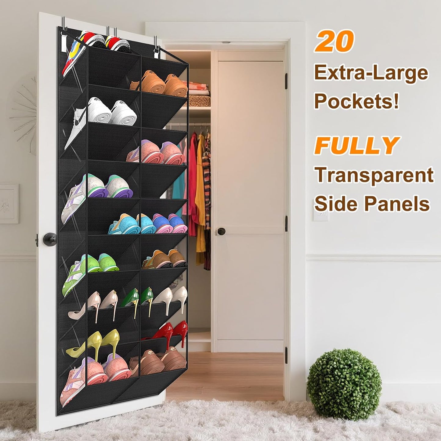 UVIAHOMI Over The Door Shoe Organizer - 10-Tier Clear Pocket Storage for Sneakers, Boots & Heels - Black