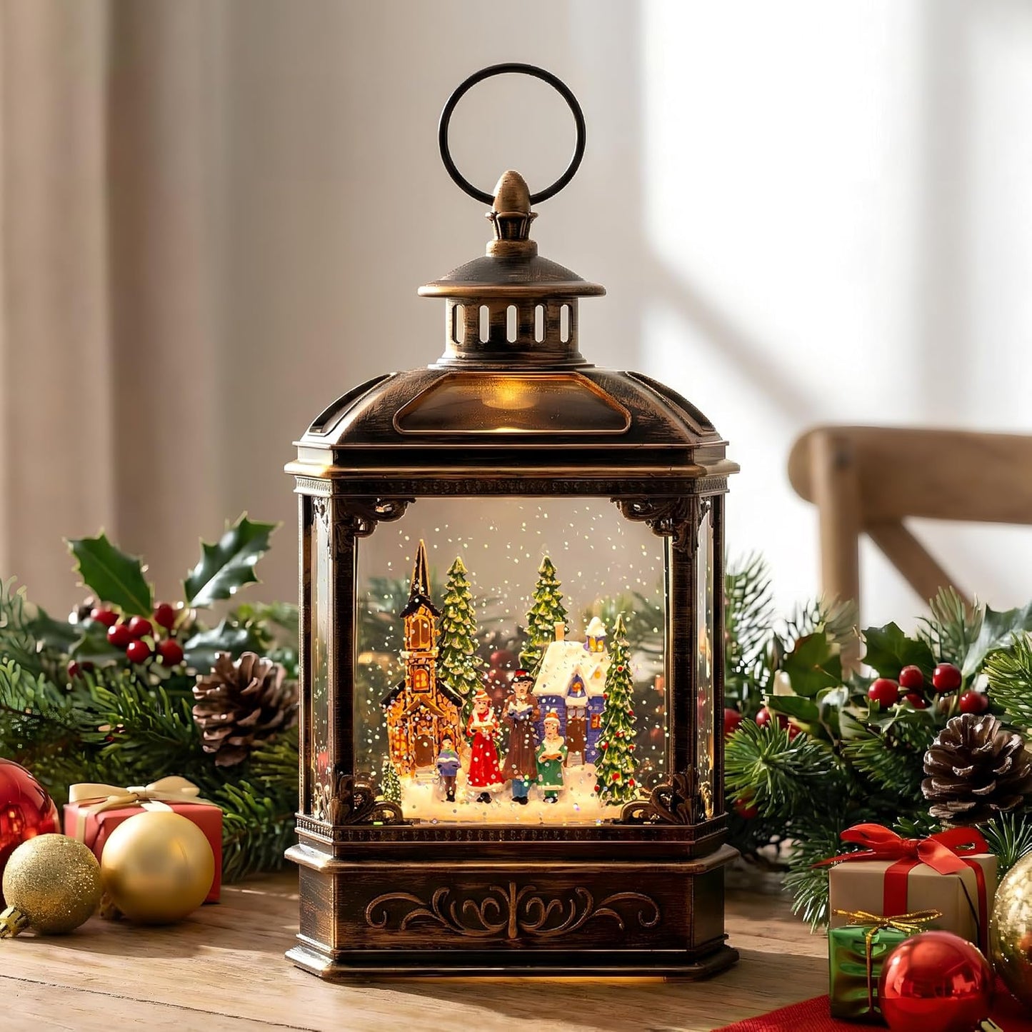 VISFLAIR Musical Snow Globe Lantern - Lighted Church Carolers Christmas Decoration | Battery Operated & USB Powered