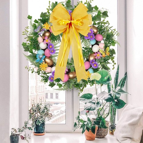 Hongsome Large Yellow Easter Wreath Bow Decor - Classic Glitter String & Burlap Ribbon | 2 Pcs Set