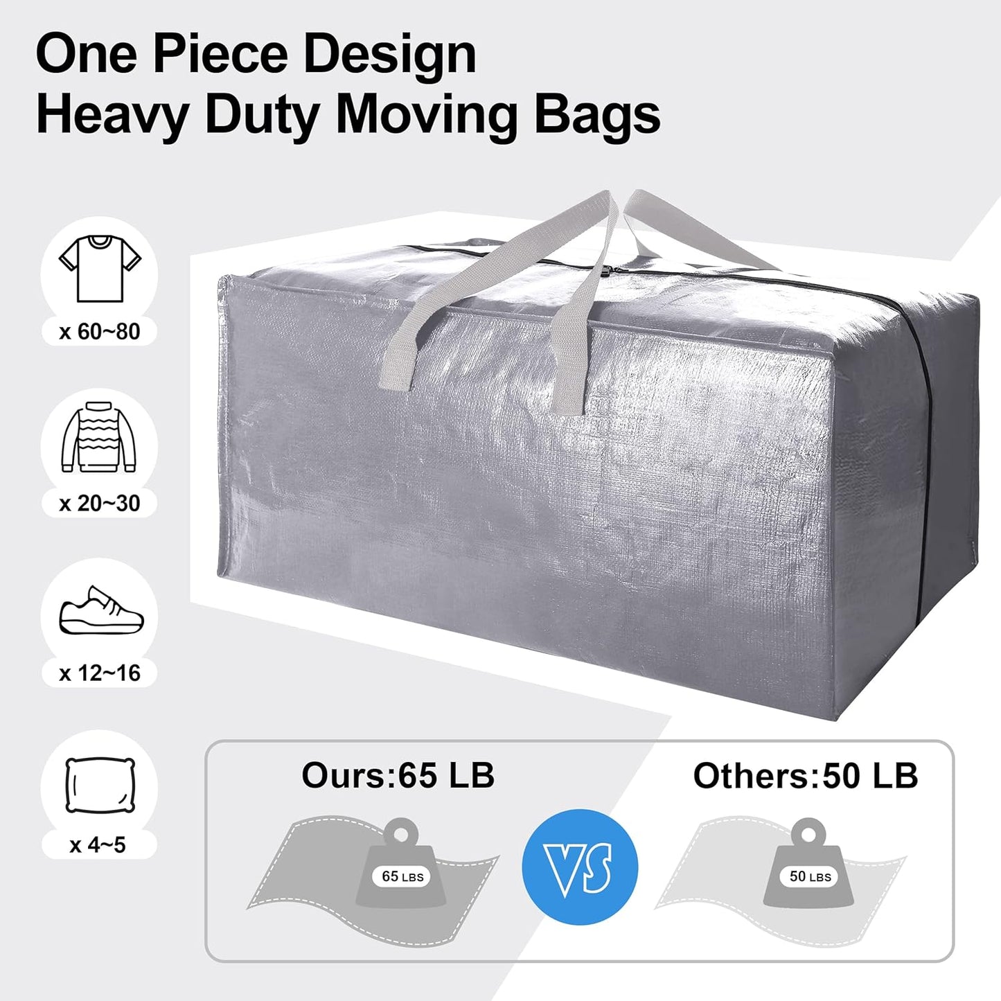 VELVETSURE Heavy Duty Extra Large Moving Bags - Strong Backpack Straps & Zippers, Space-Saving Storage Totes (Set of 6, Silver)