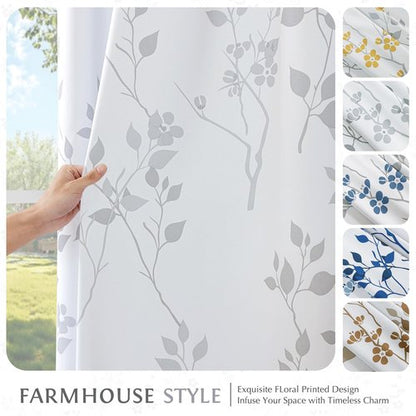 Beauoop Floral 100% Blackout Curtains 63 Inch Length 2 Panels for Bedroom Living Room Grey White Flower Patterned Room Darkening Thermal Insulated Soundproof Grommet Window Treatments Drapes, 52X63