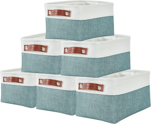 DECOMOMO Small Storage Baskets - Teal & White Closet Organizers for Shelves | 6 Pack Set