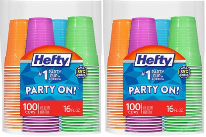 Hefty Plastic Cups, 16 Ounce, Disposable | 100 Count | Pack of 2 | Party | Assorted