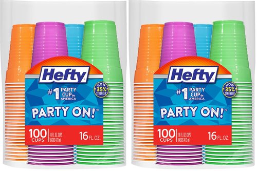 Hefty Plastic Cups, 16 Ounce, Disposable | 100 Count | Pack of 2 | Party | Assorted