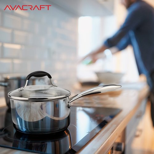 AVACRAFT Stainless Steel Saucepan with Glass Strainer Lid, Two Side Spouts for Easy Pour with Ergonomic Handle, Multipurpose Sauce Pot (5-Ply Capsule Bottom, 2.5 Quart)