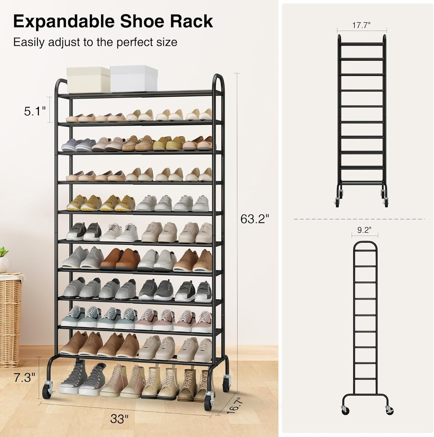 STO STO Expandable Shoe Rack - 10-Tier Metal Organizer for Up to 44 Pairs | Adjustable & Free Standing, Black