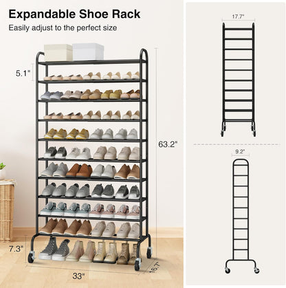 STO STO Expandable Shoe Rack - 10-Tier Metal Organizer for Up to 44 Pairs | Adjustable & Free Standing, Black