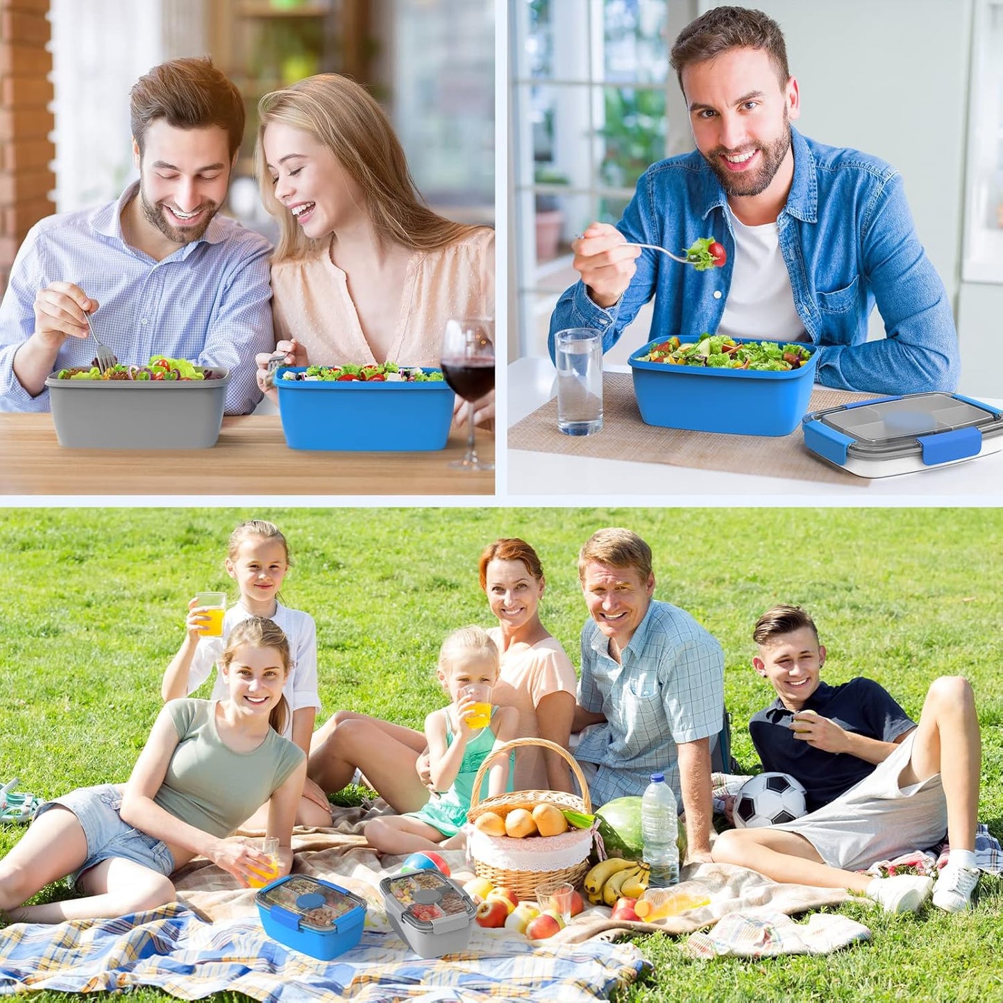 Cherrysea Salad Lunch Container Set - 68oz Leak-Proof Bowls with 4 Compartments & Fork - Blue