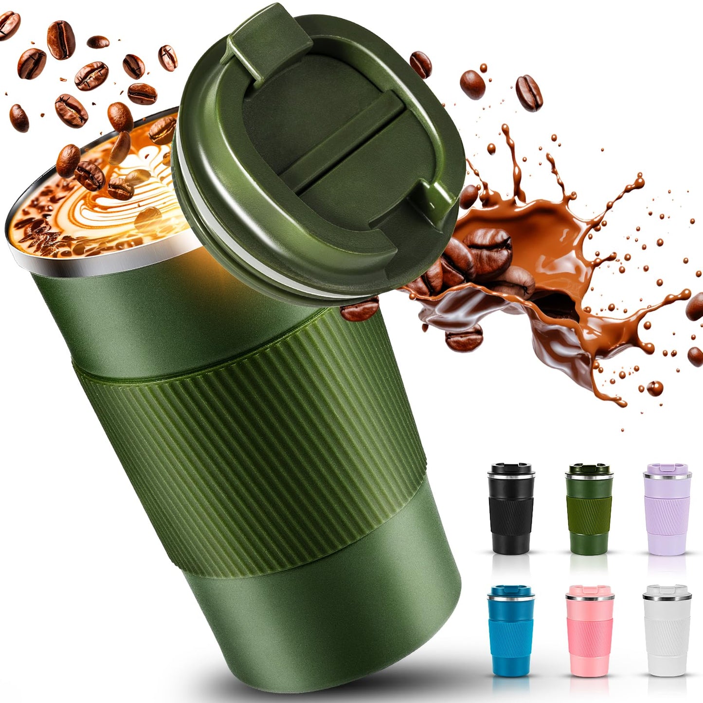 Travel Coffee Mug 16 oz, Insulated Coffee Cups with Lid, Thermos Stainless Steel Coffee Mugs Spill Proof, Double Wall Vacuum Tumbler, Reusable To Go Mug for Hot/Ice Coffee (green)