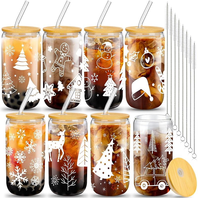 Umigy 8 Pack 16 oz Glass Cups with Lids & Straws - Christmas Themed Tumbler Set