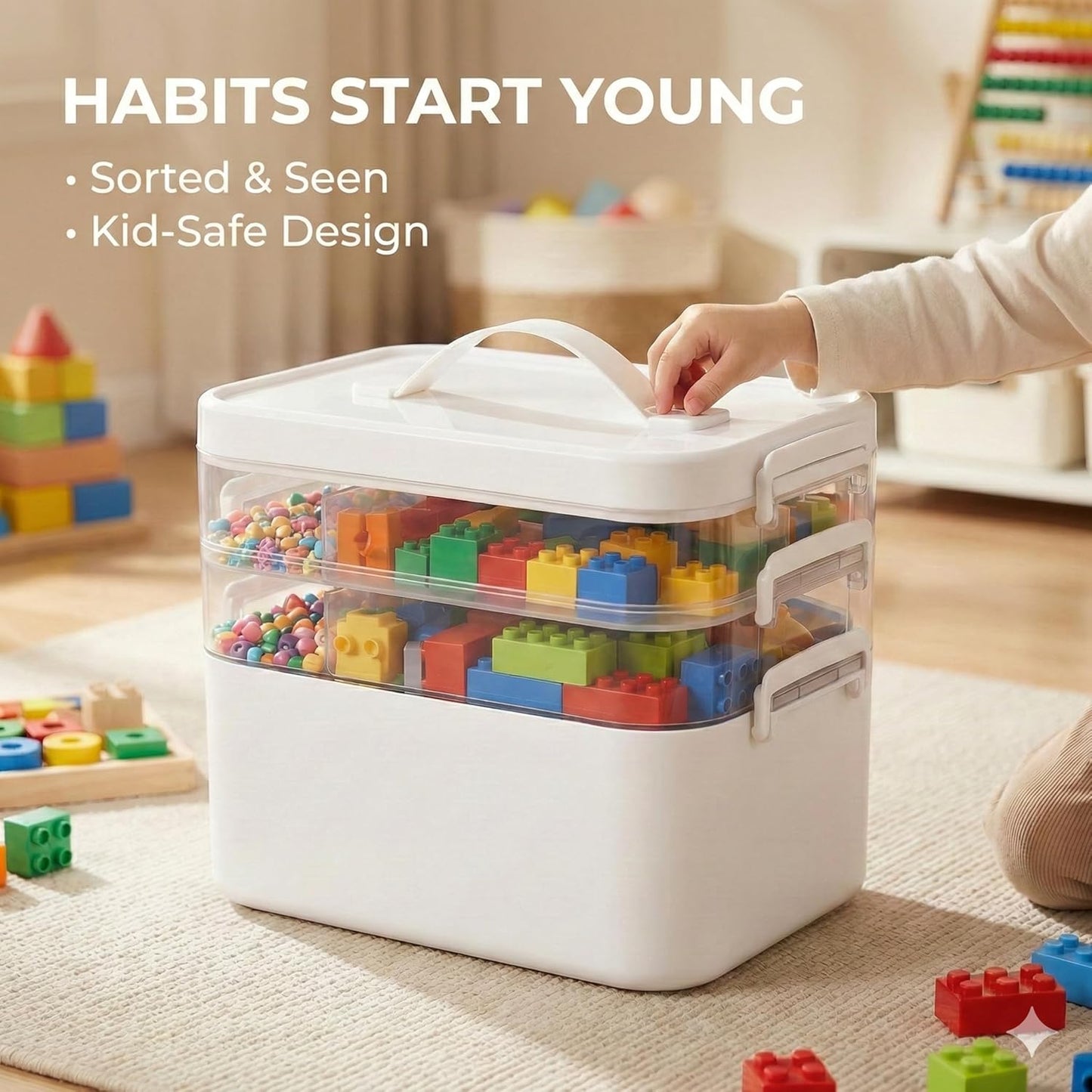 Skiennix 13.3 QT Stackable Craft Storage Organizer Box - White with 3 Removable Trays for Art Supplies | 11.1''x7.7''x9.1''