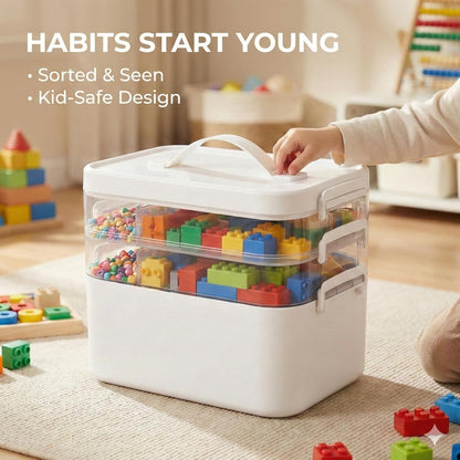 Skiennix 13.3 QT Stackable Craft Storage Organizer Box - White with 3 Removable Trays for Art Supplies | 11.1''x7.7''x9.1''