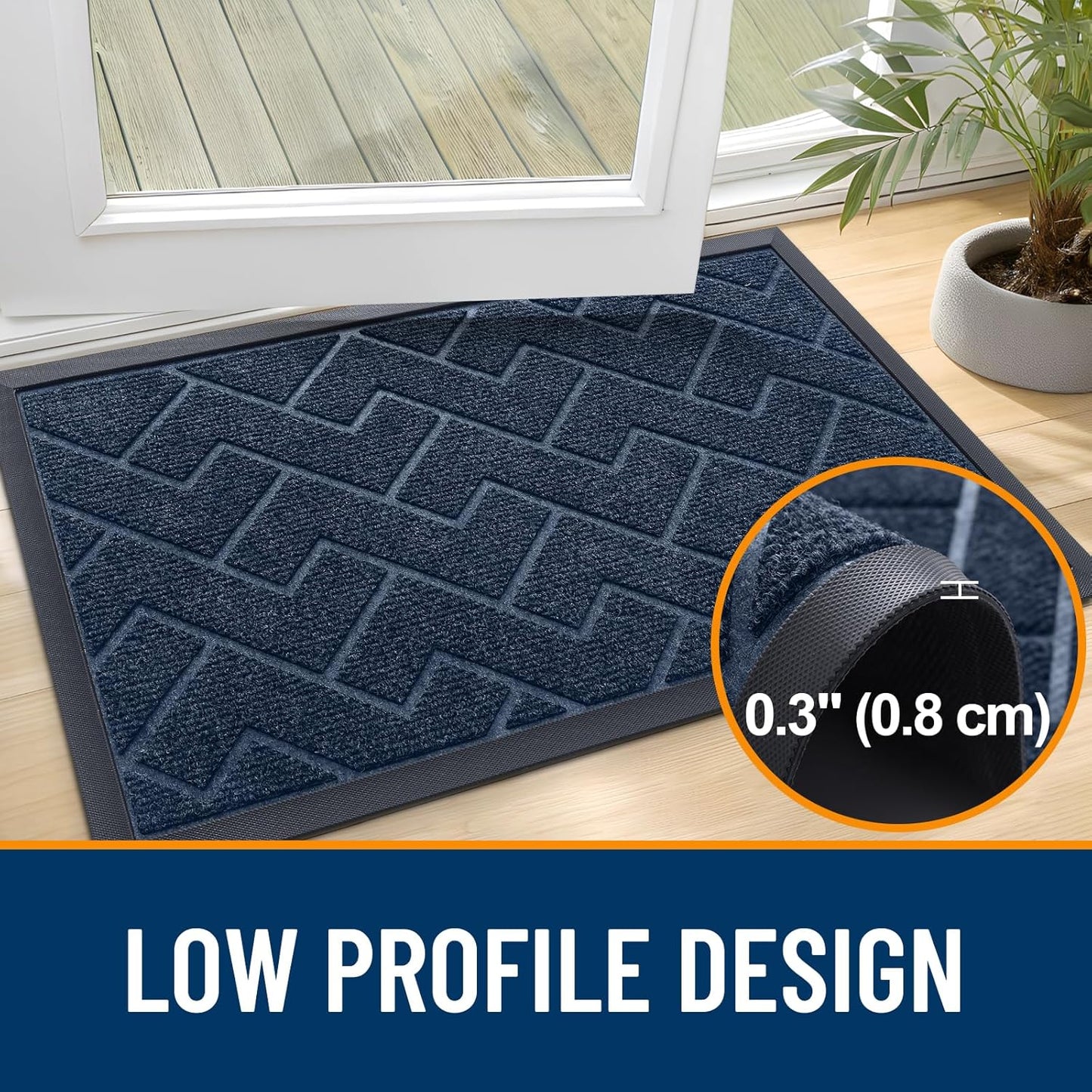 OLANLY Waterproof Front Door Mat - All-Weather Herringbone Design | Easy Clean, Low Profile, Blue (29.5x17)