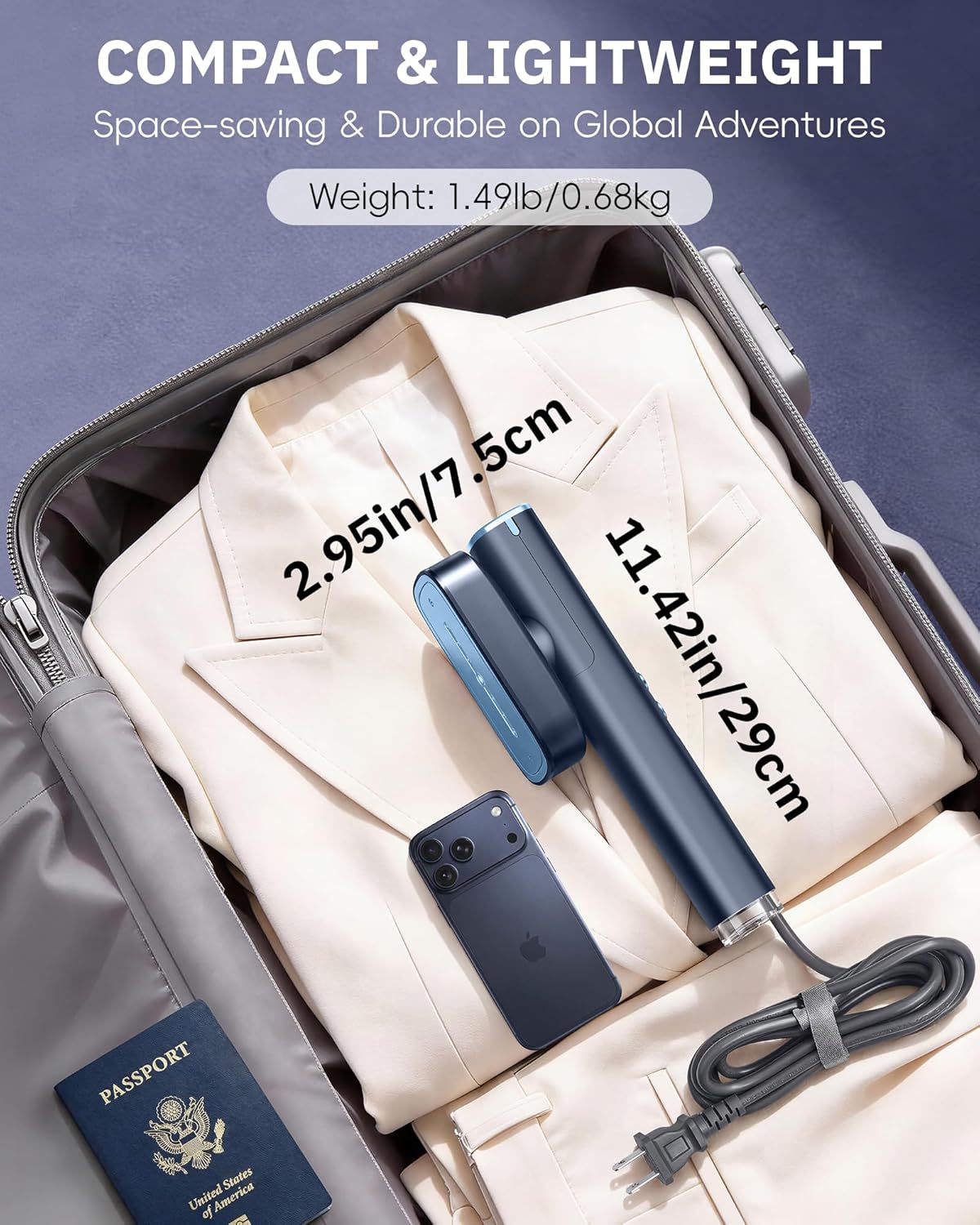 OGHom Portable Handheld Steamer - 2-in-1 Travel Iron & Garment Wrinkle Remover, 1000W, Blue