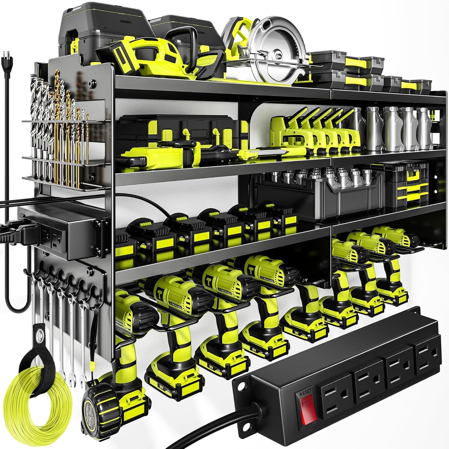 POKIPO Heavy-Duty Tool Organizer Wall Mount - 4-Layer Metal Rack with Charging Station & 8 Drill Holders