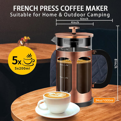 Skiennix French Press Coffee Maker - 34oz Borosilicate Glass with 4 Filters | Ideal for Cold Brew & Tea Gifts