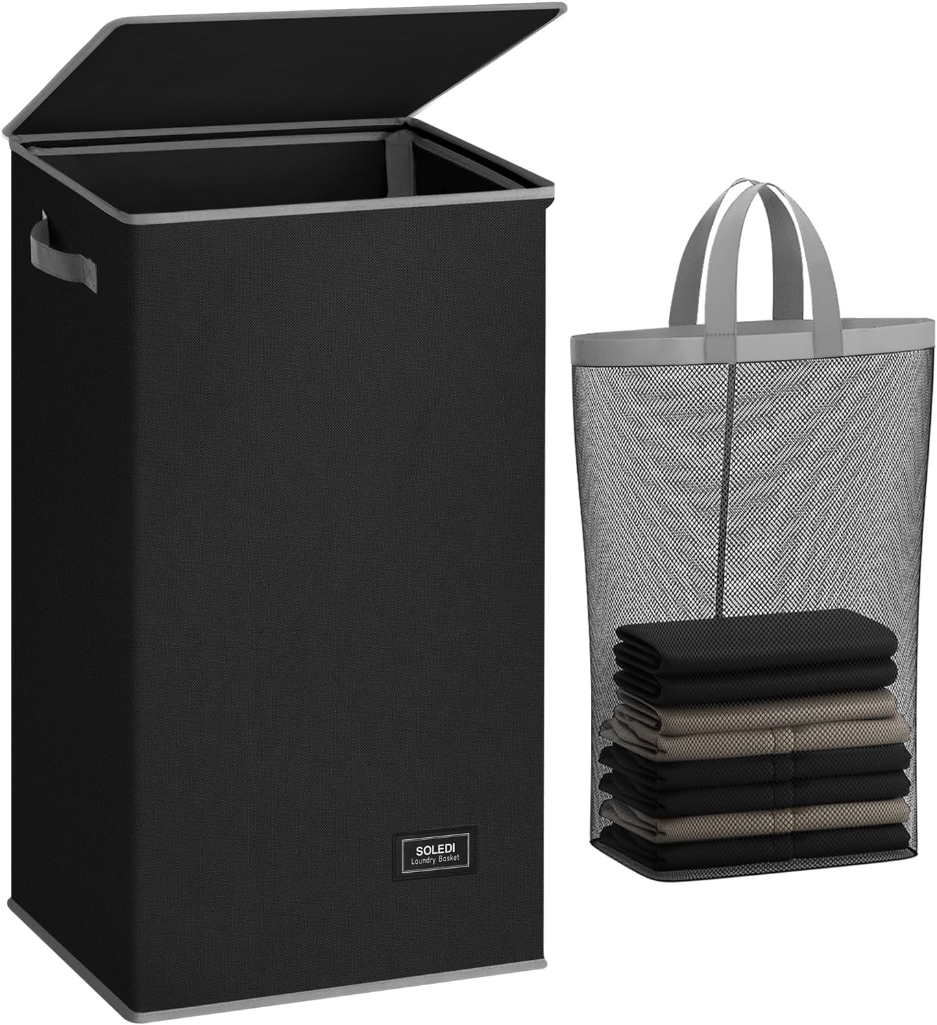 SOLEDI Laundry Hamper - 100L Black Collapsible Basket with Lid & Removable Bag for Clothes Storage
