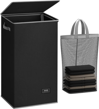 SOLEDI Laundry Hamper - 100L Black Collapsible Basket with Lid & Removable Bag for Clothes Storage
