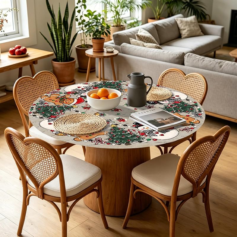 Christmas Snowman Fitted Tablecloth 40-44 Inch, Elastic Edge, Round Xmas Gingerbread Man