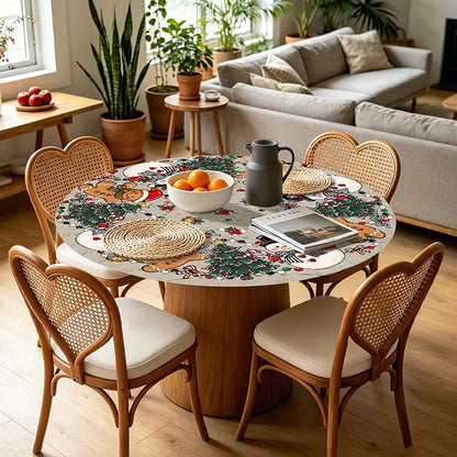 Christmas Snowman Fitted Tablecloth 40-44 Inch, Elastic Edge, Round Xmas Gingerbread Man