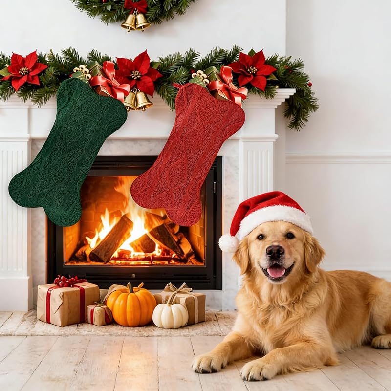 White Bone-Shaped Knitted Dog Christmas Stocking - Large 16.5" x 9.4"