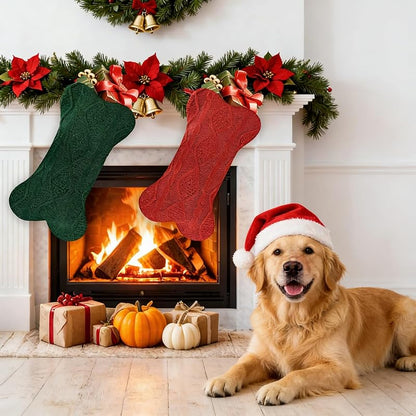 White Bone-Shaped Knitted Dog Christmas Stocking - Large 16.5" x 9.4"