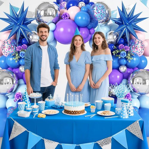 Blue Purple Silver Balloon Arch Garland Kit - Star Foil & 4D Round Balloons for Hawaii Theme Baby Shower