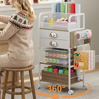 Rolling Craft Storage Cart - Multi-Tier Organizer with 2 Fabric Drawers & Lockable Wheels | 16.54x11.4x32.68 Inches