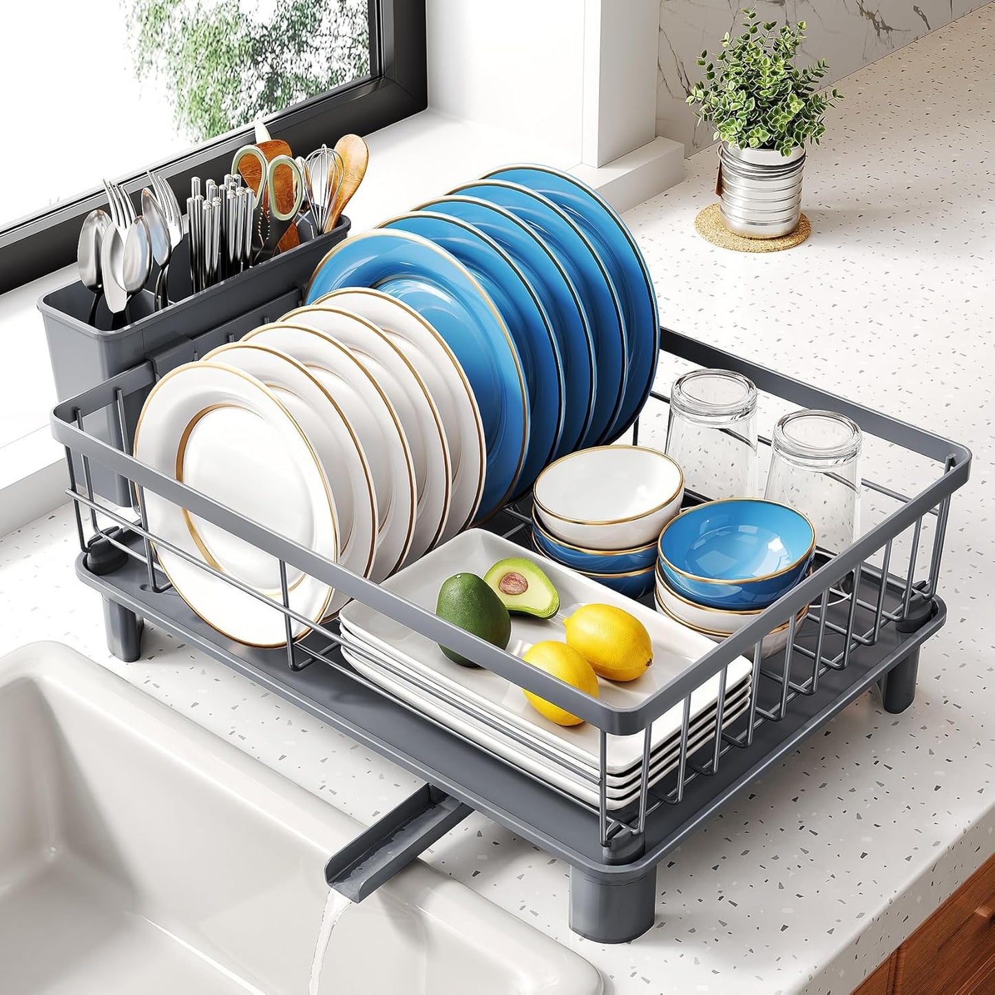SNTD Dish Drying Rack - Stainless Steel Kitchen Counter Rack with Utensil Holder | 11" W x 15" L (Grey)