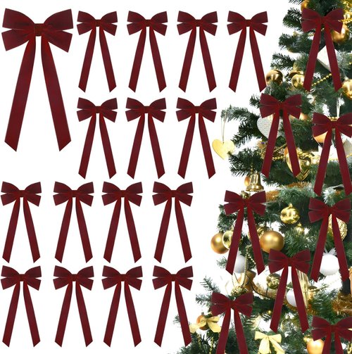 JOICEE Velvet Bows - 15Pcs Christmas Tree Decorations | Rustic Gift Ribbon Bows in Burgundy, 5 x 12 Inch