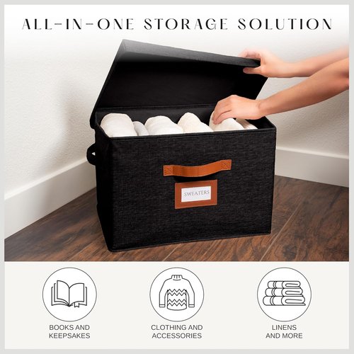 Large Fabric Storage Boxes by [Brand Name] - Decorative Bins with Lids & Faux Leather Handles | 3 Pack, Black (15.75" x 11.25" x 11.25")