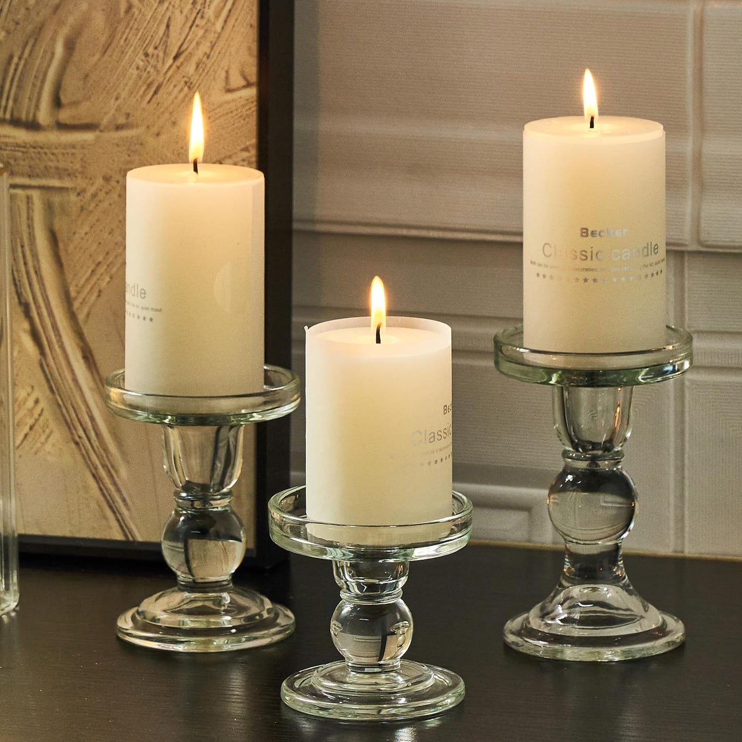 Skiennix Clear Candle Holders - Elegant Glass Pillar Set for Taper Candles | 3 Pieces