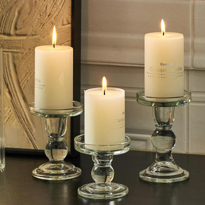 Skiennix Clear Candle Holders - Elegant Glass Pillar Set for Taper Candles | 3 Pieces