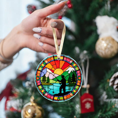 Fishing Ornament for Christmas Tree - Fisherman Acrylic Gift 3.23" with Gold Ribbon (Variation: 08 Fishing)
