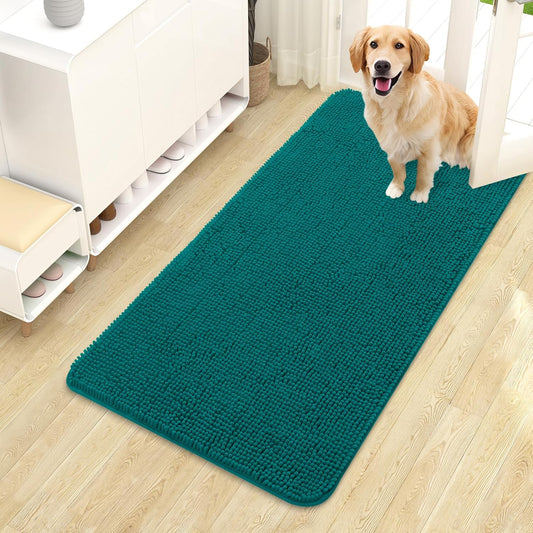 OLANLY Dog Door Mat - Absorbent Non-Slip Washable Doormat for Muddy Paws | 44x24, Quick Dry Chenille in Lake Blue
