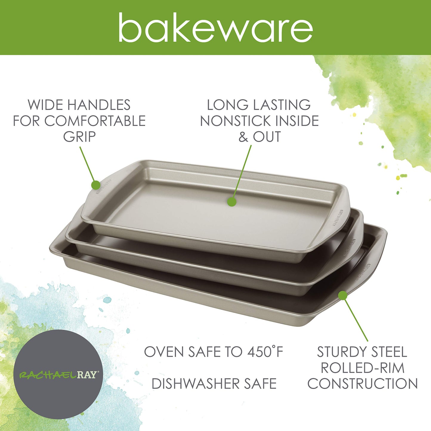 Rachael Ray Nonstick Bakeware Set without Grips includes Nonstick Cookie Sheets / Baking Sheets - 3 Piece, Silver